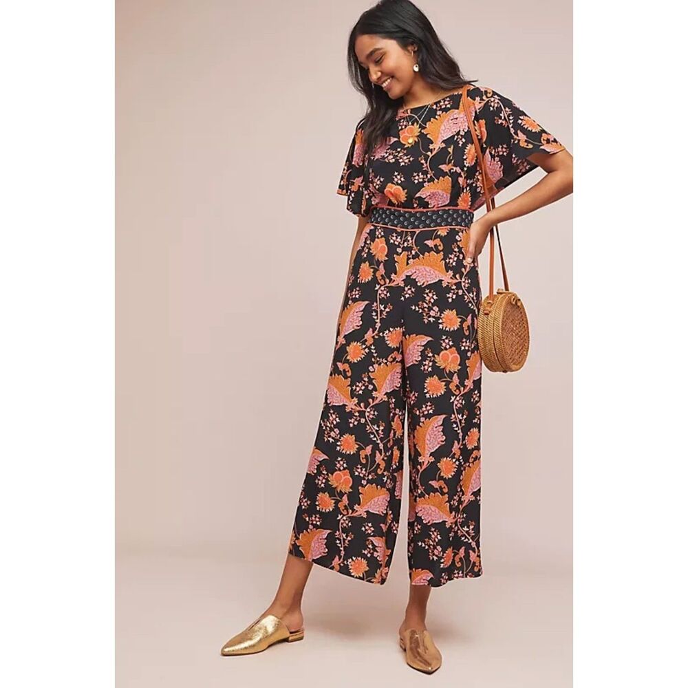 Maeve Anthropologie Jumpsuit Belted Botanical Floral Wide Leg Black Women US 0
